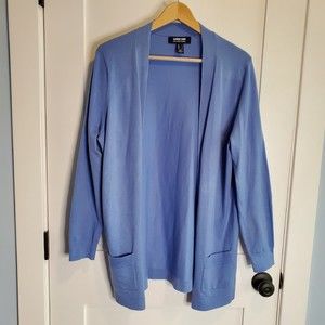 Lands End Womens Large Cardigan Blue Open Front Long Sleeve Cotton Top w Pockets